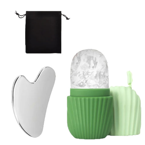 3-piece facial cleansing tool, stainless steel heart-shaped scraping tool, ice facial roller, a flannel bag